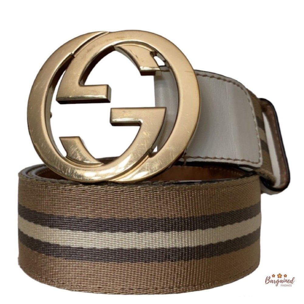 Authentic Gucci Web Canvas Leather Gold Interlocking G Buckle Belt 80/32 114876